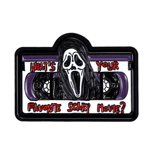 WHATS YOUR FAVOURITE SCARY MOVIE VHS ENAMEL PIN